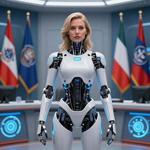 CGI image of a blonde, blue-eyed, humanoid robot woman with white and black armor, standing in a futuristic government office with flags and blue-l