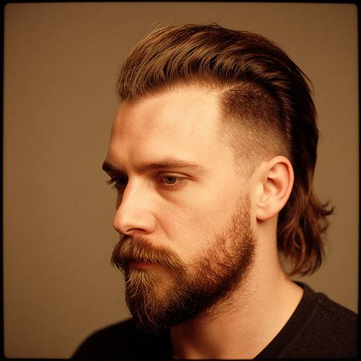 Photograph of a Caucasian man with a medium-length brown beard and mustache, side-parted brown hair, wearing a black shirt, against a brown