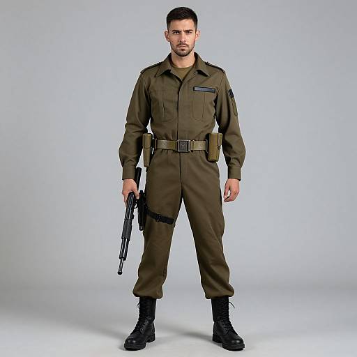 Photograph of a stern-looking, muscular man in olive green military uniform, black boots, holding a gun, against a plain white background.