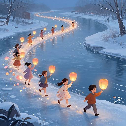 Digital illustration of children in winter clothes lighting paper lanterns on a frozen river, creating a glowing trail in a snowy landscape.