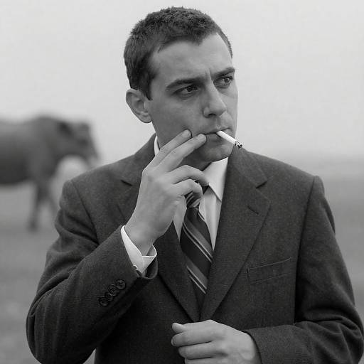 Man in Suit Smoking Cigarette Black and White