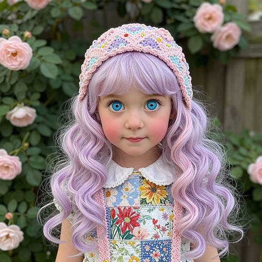 Photorealistic doll with lavender wavy hair, blue eyes, floral dress, and crocheted pink headband, standing in front of pink roses