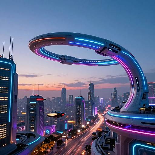 Photograph-style CGI of a futuristic city at dusk, featuring a glowing, elevated highway loop curving over a brightly lit, neon-lit urban skyline