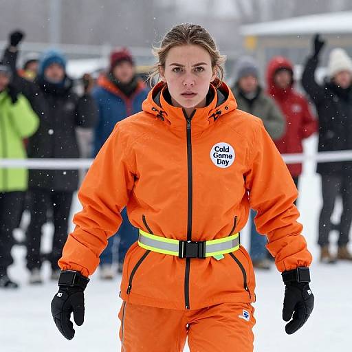 Photograph of a focused, blonde woman in an orange rescue jacket with yellow stripe, black gloves, and 