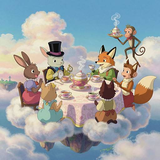 Colorful digital illustration of anthropomorphic animals having a tea party on a cloud, with a monkey serving tea, under a bright blue sky.