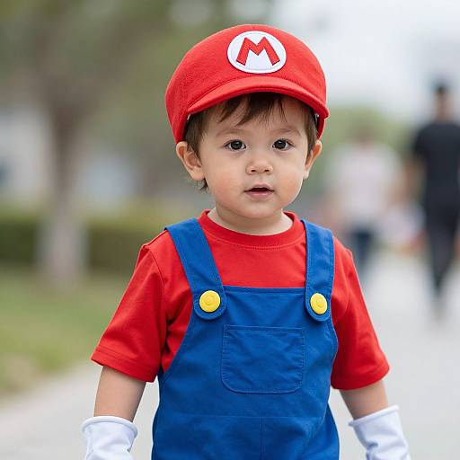 Photograph of a young child dressed as Mario, wearing a red hat with an 
