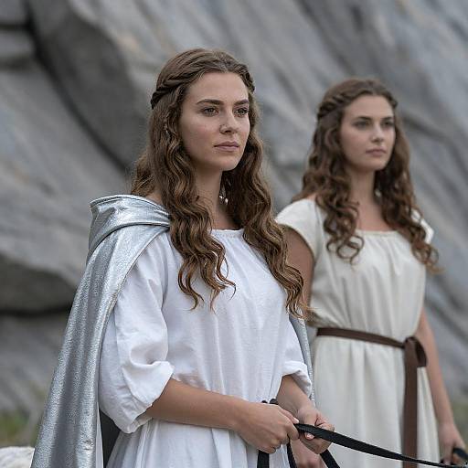 Medieval Women Beside Horse in Mountains