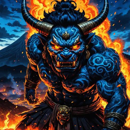 Eerie Oni in a Fiery Volcano Scene