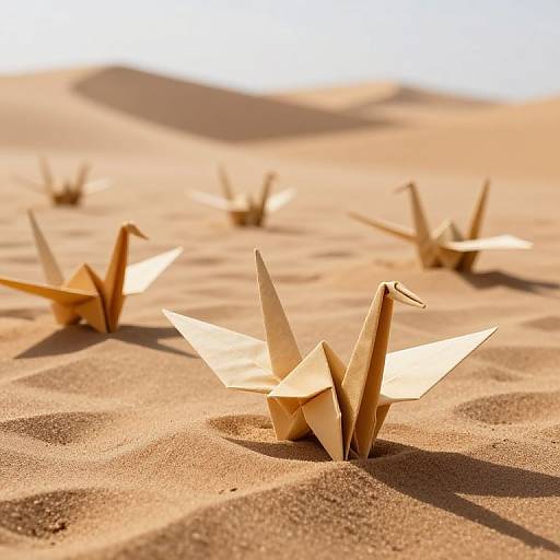 Photograph of paper airplanes scattered on sunlit, rippled sand dunes, casting soft shadows, with a blurred, bright horizon in the background.