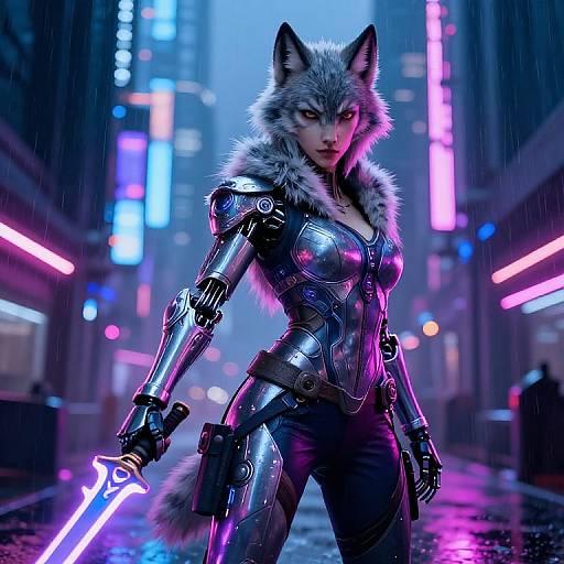 Digital artwork of a fierce, armored, anthropomorphic wolf-woman wielding a glowing blue sword in a neon-lit, rainy city street.