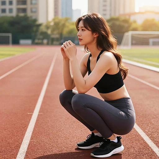 Fit Woman Squatting on Sunlit Track