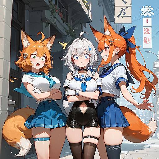Anime Girls with Fox Features on Street