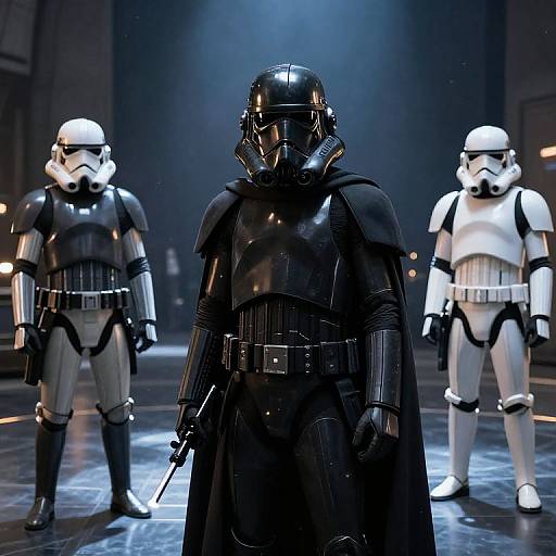 Photograph of Darth Vader in black armor with helmet, standing center stage, flanked by two white Stormtroopers in a dimly lit, futuristic