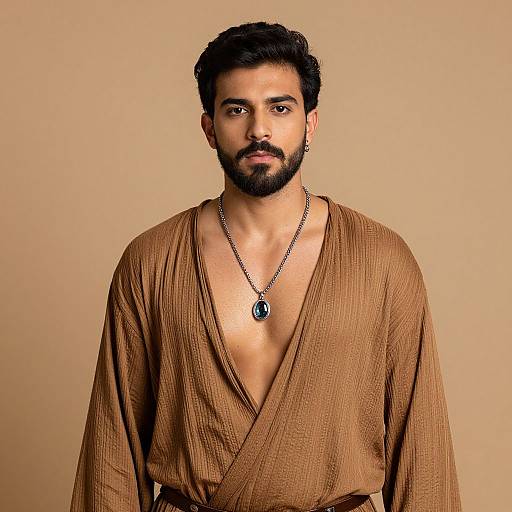 Photograph of a bearded South Asian man with dark hair, wearing a loose brown V-neck robe and a black pendant necklace, against a beige background