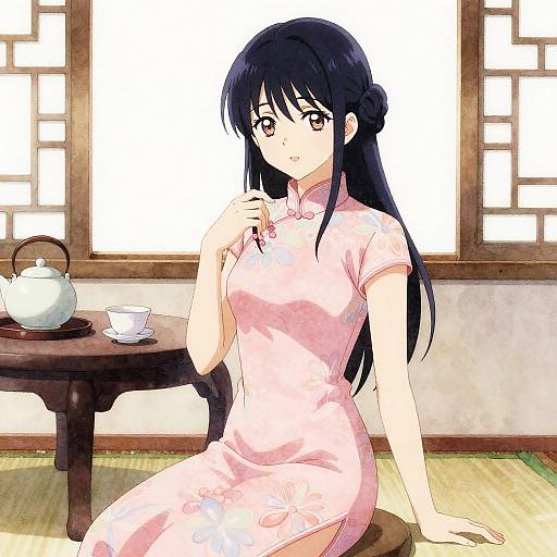 Anime-style drawing of a black-haired woman in a pink cheongsam, sitting in a traditional Japanese room with a wooden table and teapot. She