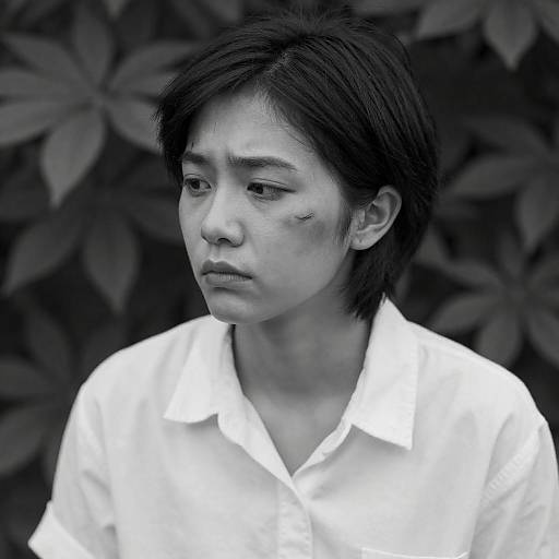 Young Woman with Bruise in Black and White