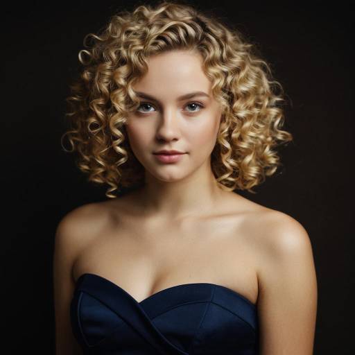 Curly Blonde Woman in Navy Evening Dress