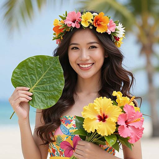 Photograph of smiling Asian woman with long dark hair, wearing floral headband and dress, holding large leaf and colorful hibiscus flowers, tropical