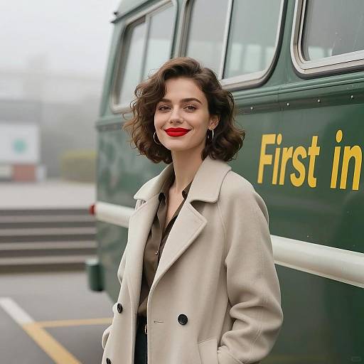 Charming Woman Near Vintage Green Bus