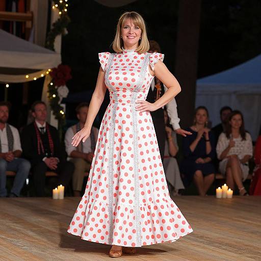 Photograph of a smiling woman with blonde hair in a white polka dot dress, standing on a wooden stage with candles and seated audience in the background