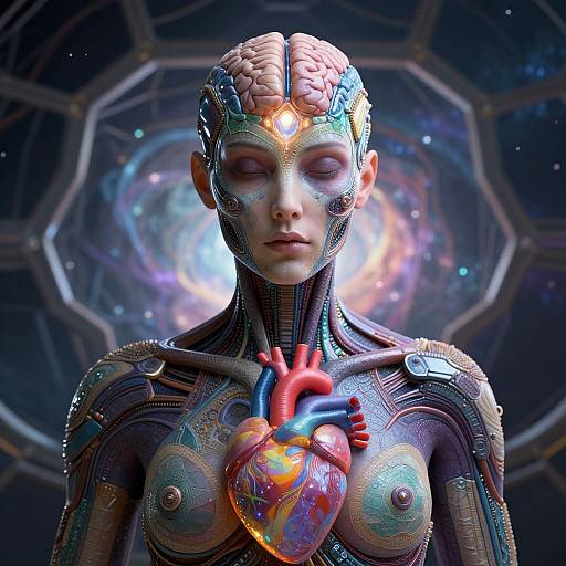 Digital CGI of a cybernetic woman with a human brain, colorful heart, and robotic features, standing in a futuristic, starry background.
