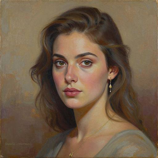 Digital painting of a young woman with soft brown hair, fair skin, and delicate features, wearing a gold earring and necklace, against a warm,
