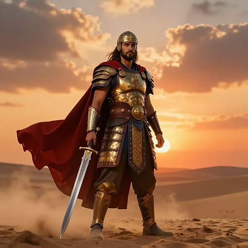 Photograph of a muscular bearded man in golden armor and red cape, holding a sword, standing in a desert at sunset.