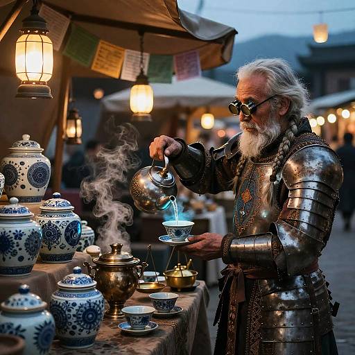 Elderly Knight Pouring Ceremonial Tea at Enchanted Market