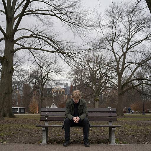 Photograph of a solitary person with blond hair, wearing a dark green coat and black pants, sitting on a wooden bench in a leafless park with