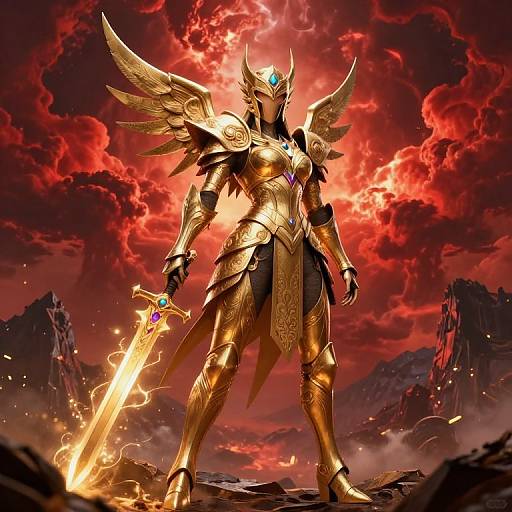 Digital artwork of a golden-winged, armored female warrior with a glowing sword, blue gemstone, and helmet, standing against a fiery red sky and