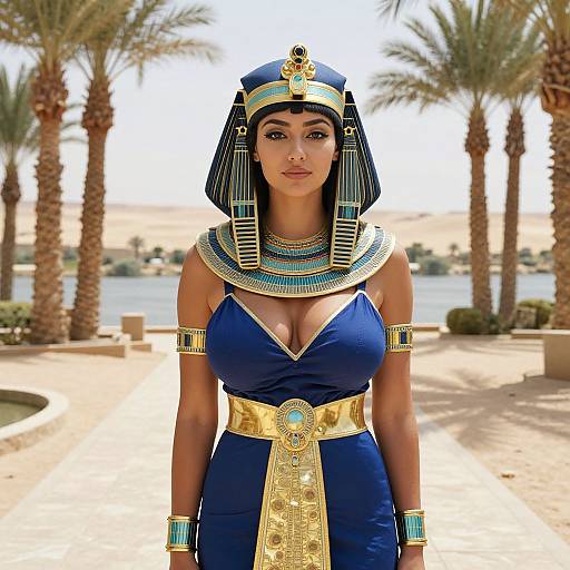 Photograph of a woman with dark hair, wearing an ancient Egyptian-style blue dress, gold belt, and headpiece, standing in a palm tree-lined