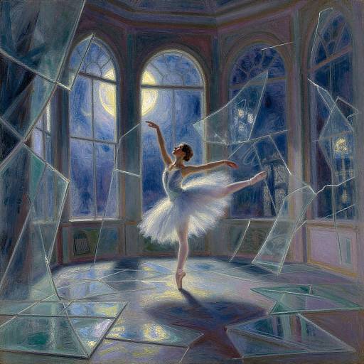 Digital painting of a ballerina in a white tutu, dancing gracefully in a moonlit room with shattered glass and arched windows.