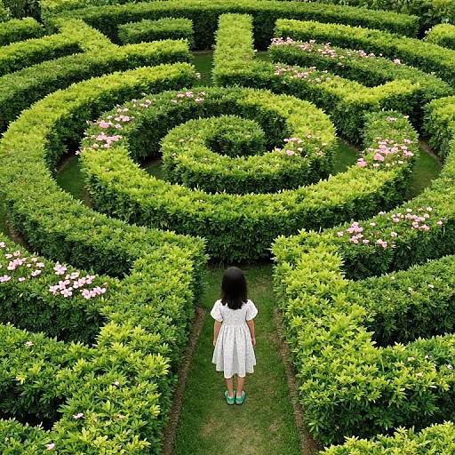 Photograph of a young girl with black hair in a white dress and green shoes, standing in a lush, intricate garden maze with vibrant green hedges
