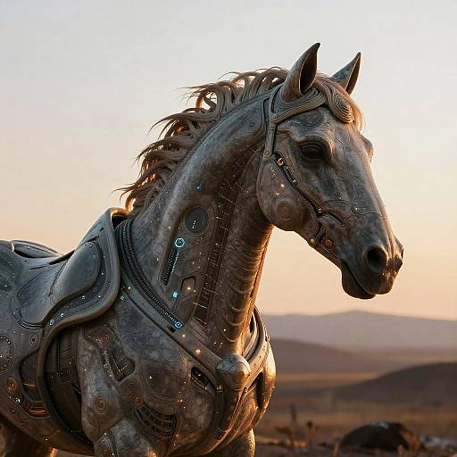Photograph of a detailed, futuristic, armored horse with glowing blue accents, set against a sunset-lit, hilly landscape. The horse's muscular