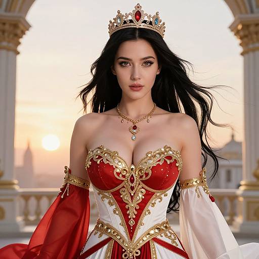Digital art of a beautiful, fair-skinned queen with long black hair, wearing a red and gold corseted gown, crown, and necklace,