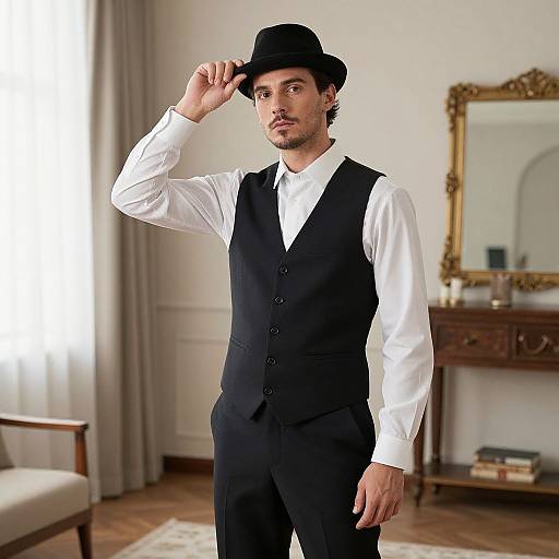 Photograph of a handsome, bearded man in white shirt and black vest, adjusting black hat, standing in elegant, well-lit living room.