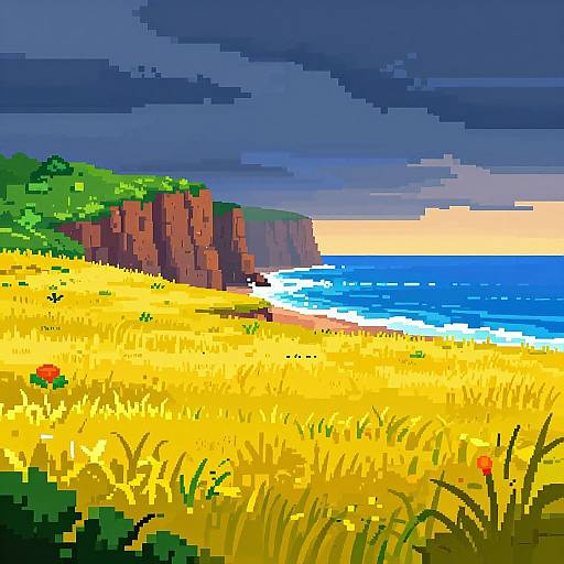 Pixel art of a vibrant beach scene: yellow field, rocky cliffs, blue ocean, and dark, stormy sky; bright colors contrasted by mo