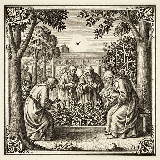 Black-and-white ink drawing of four bearded men in robes, planting and reading in a garden with arches and trees in the background. Ornate