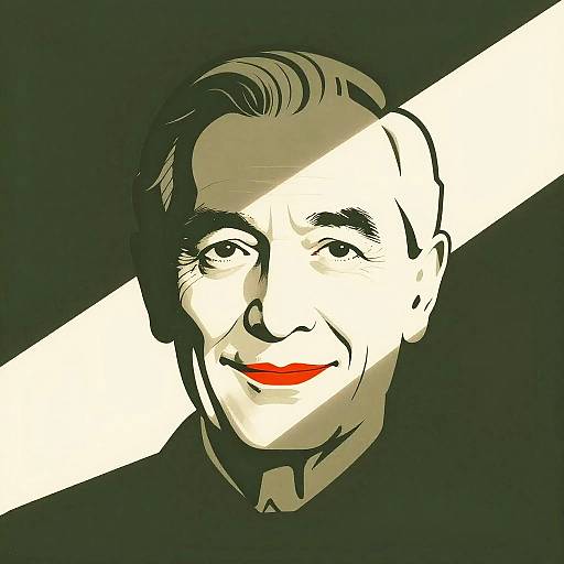 Digital art of a smiling man with slicked-back hair, red lips, black and white diagonal background, minimalistic style.