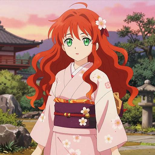 Anime-style drawing of a young girl with long red hair, green eyes, wearing a white floral kimono and purple obi, standing in a serene