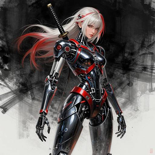 Digital art of a white-haired, red-eyed, cybernetic woman in a black and red, glossy bodysuit with a katana on her