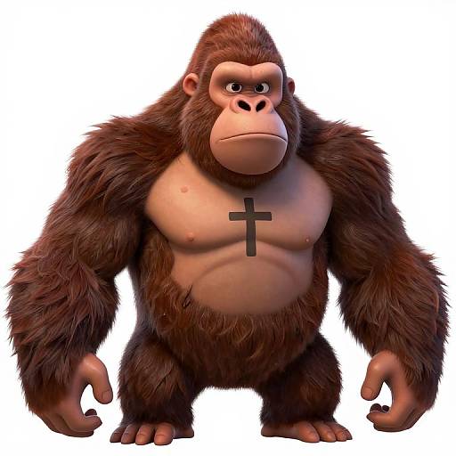 Digital cartoon of a muscular, brown-furred, anthropomorphic gorilla with a cross on his chest, standing against a white background.