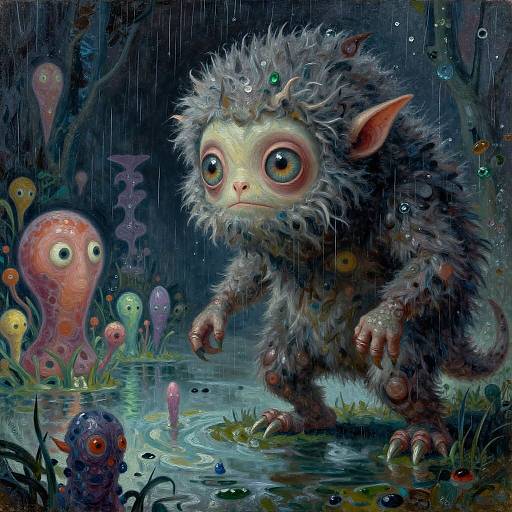 Fantasy digital painting of a big-eyed, furry creature with pointed ears, standing in a rainy forest, surrounded by colorful, glowing mushrooms and small,