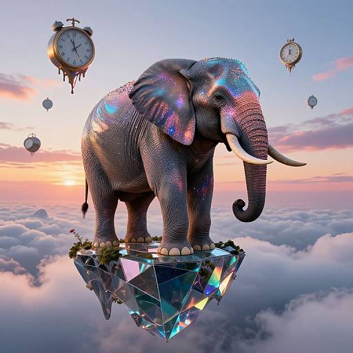 Photorealistic digital artwork of a shimmering, iridescent elephant standing on a floating, gem-like platform, surrounded by clocks and balloons above a