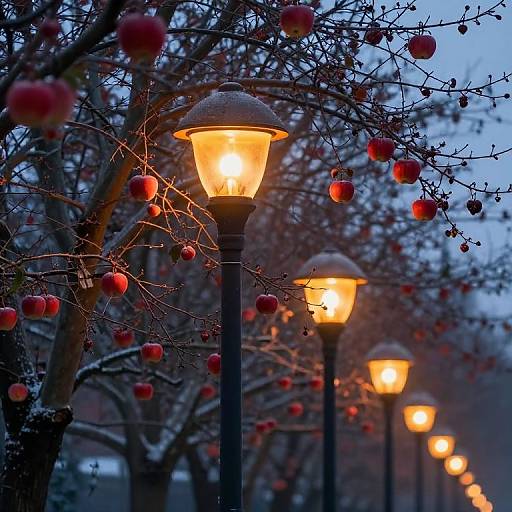 Photograph of a winter evening scene with glowing street lamps, illuminated by warm light, lined up in a row. Red apples hang from snow-covered tree