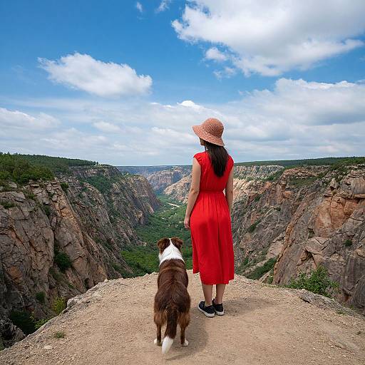 Photograph: Woman in red dress and hat, brown and white dog, stand on rocky cliff, overlooking vast canyon and blue sky.