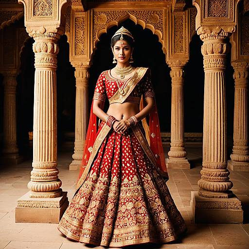 Indian Woman in Traditional Red and Gold Lehenga