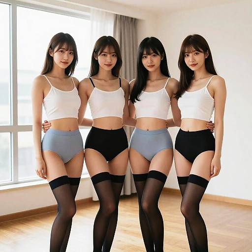 Photograph of four East Asian women with straight black hair, wearing white crop tops, black high-waisted panties, and black thigh-high stockings,
