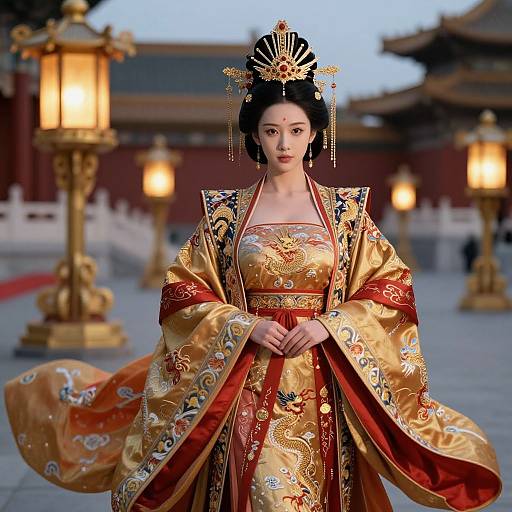 Photograph of an Asian woman in an elaborate, gold and red traditional Chinese wedding dress with intricate embroidery, standing in a courtyard with ornate lanterns