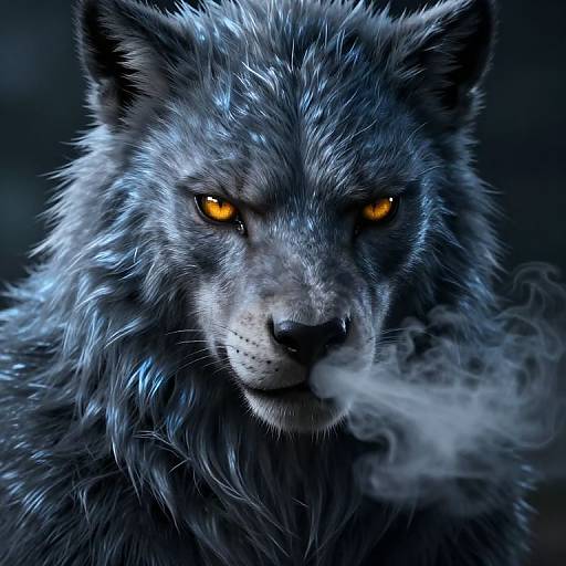 Digital artwork of a fierce, blue-gray wolf with glowing orange eyes and wisps of smoke escaping its mouth, set against a dark, blurred background.